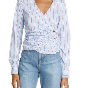 Veronica Beard Ozzie Stripe Faux Wrap Shirt In Aero Blue/Brick Sz 10